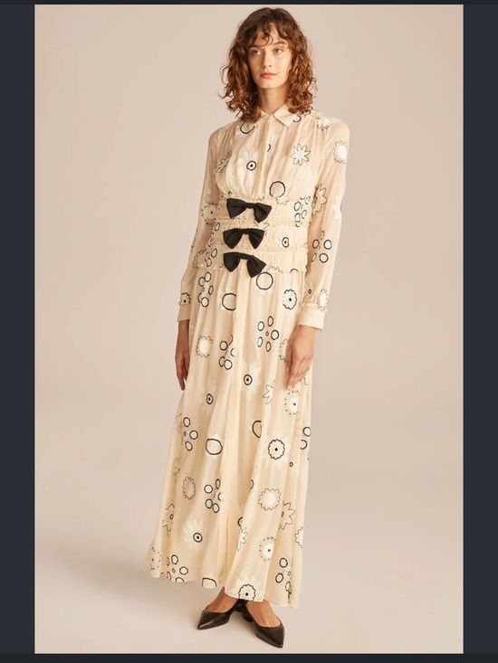 Rebecca Taylor Dresses & Skirts - Rebecca Taylor Cream Maxi Dress with Black Floral Embroidery and Bows